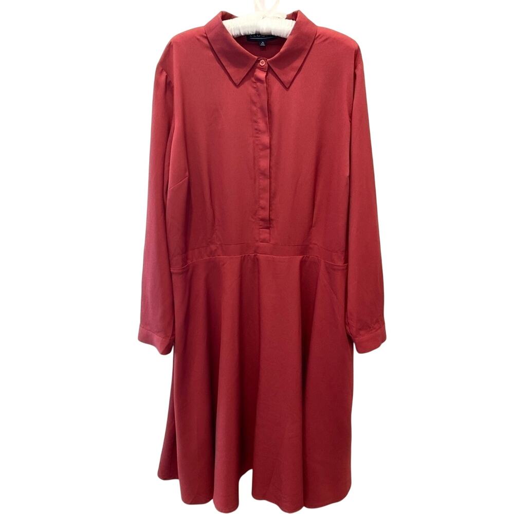 ELOQUII Plus Size Red Burgundy Shirt Dress Long Sleeve Collared Fit Flare | 20